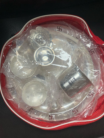 Silver plated swastik engraved Pooja set with velvet pouch